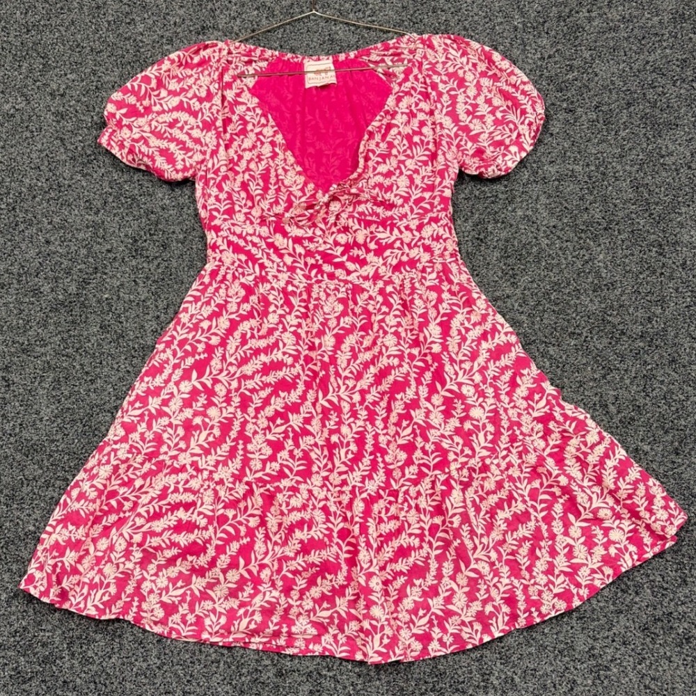Banjanan Dress Womens S Pink Floral Cotton V-Neck Puff Sleeve Mini Tiered Boho